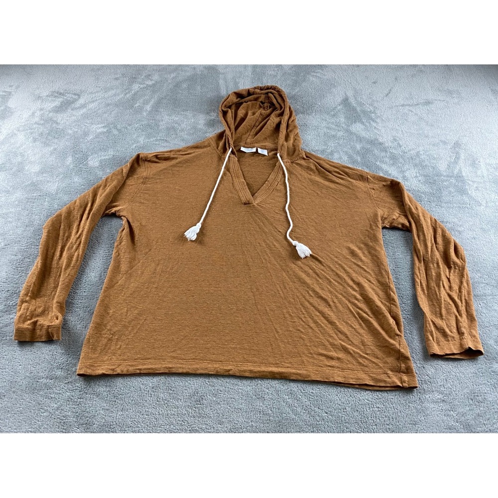 Sigrid Olsen Womens 100% Linen Hoodie Brown V-Neck Tassel Pullover Large